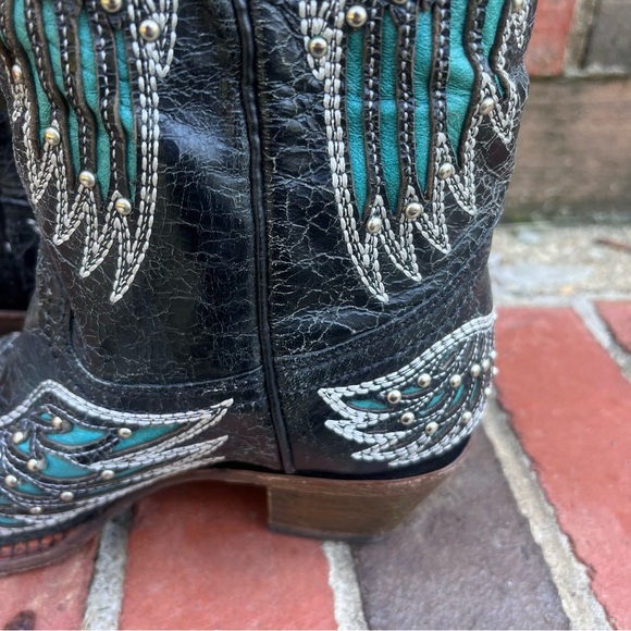 Corral Vintage Leather Black & Teal Bedazzled Angel Wing and Cross Cowboy Boots - Picture 7 of 10